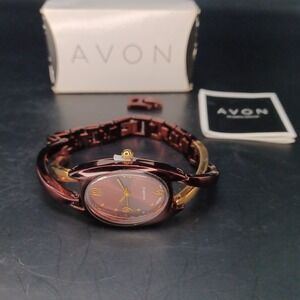 AVON Watch Womans Quartz Two-tone Brown Bronze Marquise Face Japan Link Band NOS